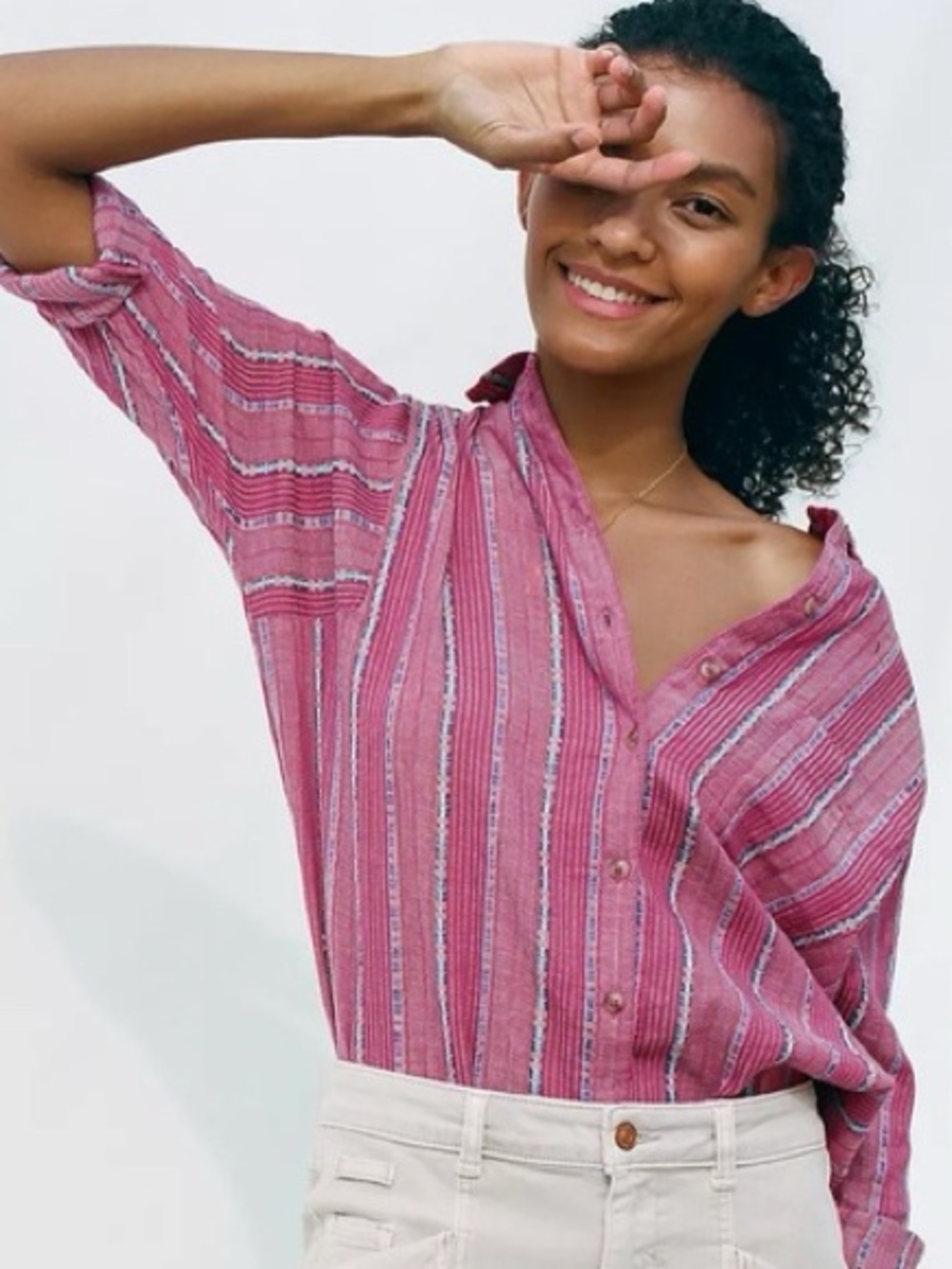 Anthropologie Pilcro The Bo Boyfriend Metallic Stripe Button Down Shirt XS Pink